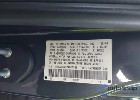 2007 Acura Tl 3.2 from USA, damaged, VIN 19UUA66257A044186